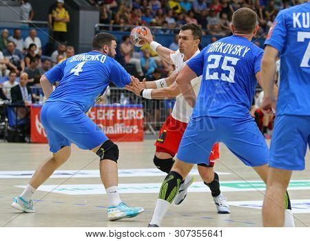 Kyiv, Ukraine - June 12, 2019: Rasmus Lauge Schmidt Of Denmark (c) Attacks During The Ehf Euro 2020 