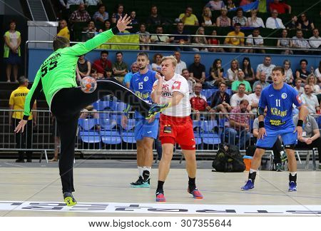 Kyiv, Ukraine - June 12, 2019: Johan A Plogv Hansen Of Denmark (#26) Scores A Goal During The Ehf Eu