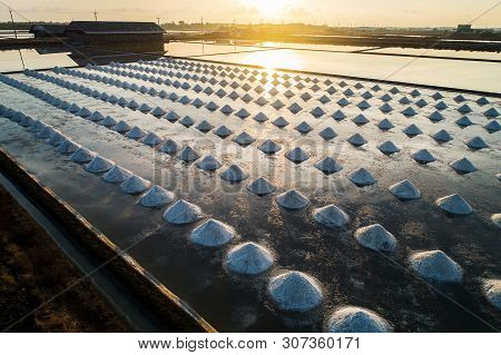 Beautiful Landscape At Sunset Salt Farming. Sea-salt Production In The Country, Sunset In Salt Farmi