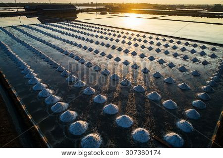Beautiful Landscape At Sunset Salt Farming. Sea-salt Production In The Country, Sunset In Salt Farmi