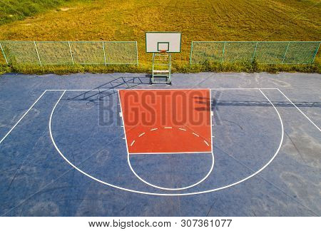 Aerial View, Top View, Bird Eye View Of School College With Basketball Courts. Basketball Field In M