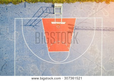 Aerial View, Top View, Bird Eye View Of School College With Basketball Courts. Basketball Field In M