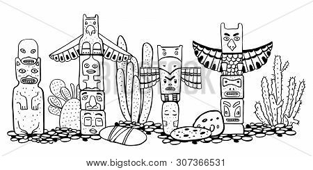 Native American Traditional Totem Poles  And Catuses. Vector Outline Hand Drawn Doodle Sketch Illust