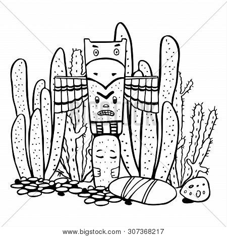 Native American Indians Traditional Totem Pole And Cactuses. Vector Hand Drawn Outline Doodle Sketch