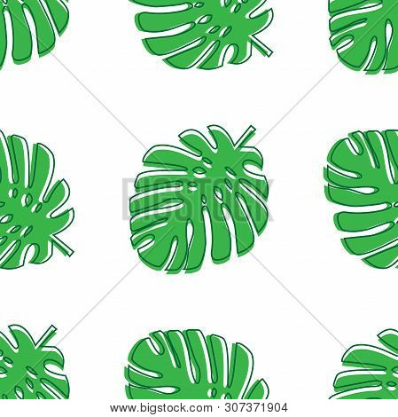Leaves Of Monster Green Color Located In A Chaotic Manner. Seamless Pattern Of Tropical Subjects, Ju
