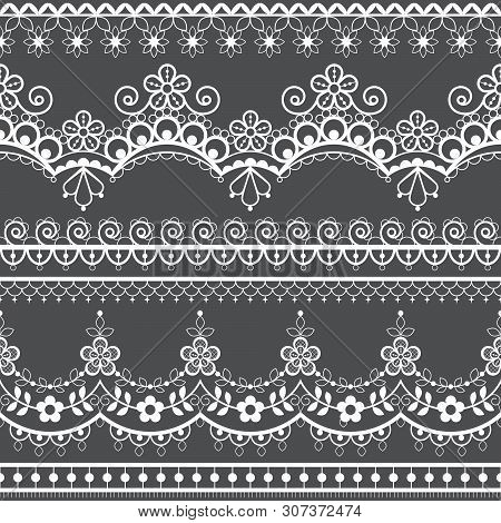 Retro Wedding French Or English Lace Seamless Pattern Set, White Ornamental Repetitive Design With F