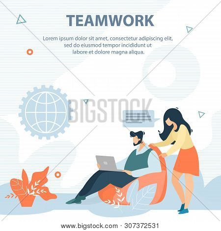 Flat Is Written Teamwork Vector Illustration. Employees Discuss Working Draft Man Sitting In Chair W