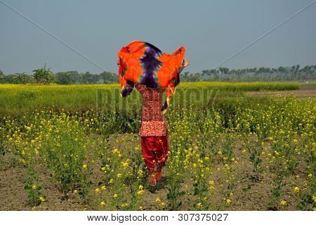 A Girl Holding A Colorful Dhupatta, Cloth Jimping In The Air In A Beautiful Yellow Mustard Flower Pl