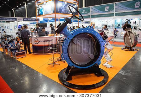 Bangkok, Thailand - June 6, 2019: Large Butterfly Valve Handwheel Operated Display In Pumps And Valv