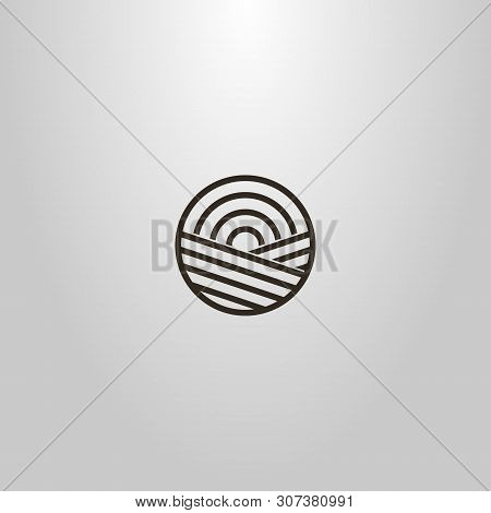 Black And White Simple Vector Line Art Geometric Sign Of Sun Rising Over A Field In A Round Frame