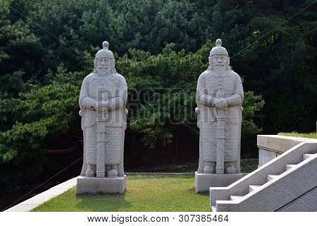 Kaesong, North Korea - May 5, 2019: Ancient Stone Guards Sculpture Near Tomb Of King Wanggon The Fou