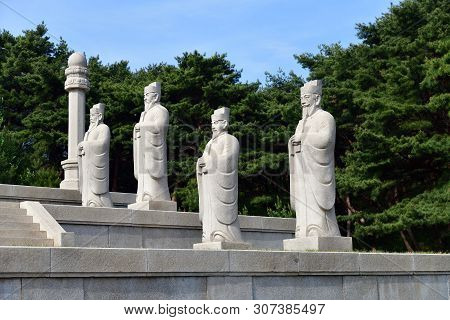 Kaesong, North Korea - May 5, 2019: Ancient Stone Guards Sculpture Near Tomb Of King Wanggon The Fou