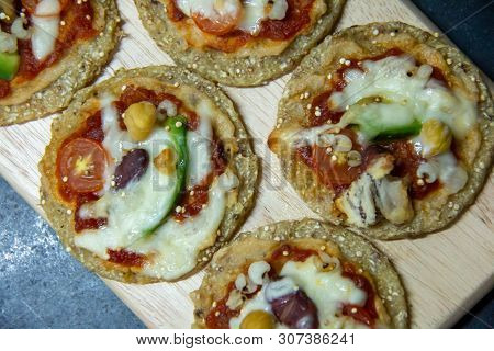 Italian Pizza, Vegetables, Ingredients Background. Pizza Is Cooking In The Oven. Pizza Menu.