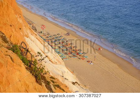 Falesia, Portugal - Mai 25, 2019: Aerial View On Praia Da Falesia - Falesia Beach In Algarve, Portug