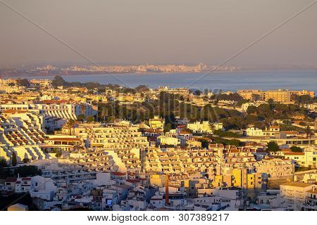 Albufeira, Algarve, Portugal - Mai 26, 2019:  Aerial View On Albufeira On The Sunset. Vacation In Po