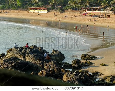 Om Beach,gokarna,karnataka/india-febuary 2nd, 2018:tourists And Travellers Enjoying The Sun,sea And 