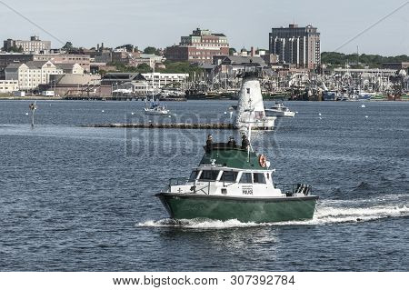 New Bedford, Massachusetts, Usa - June 15, 2019: Massachusetts Environmental Police Patrol Boat Leav