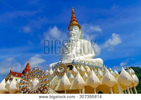 Front Of Five White Buddha With Sky At Wat Pha Sorn Kaew, Khao Kho, Phetchabun, Thailand.