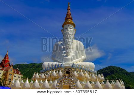 Front Of Five White Buddha With Sky At Wat Pha Sorn Kaew, Khao Kho, Phetchabun, Thailand.
