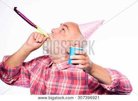 Man Bearded Grandpa With Birthday Cap And Drink Cup. Birthday Crazy Party. Ideas Seniors Birthday Ce