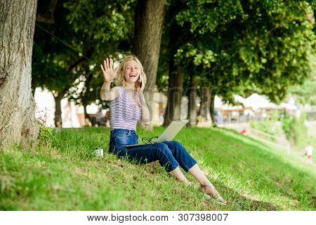 Girl Laptop Outdoors. Efficient And Productivity. Employee Work Outdoors. Being Outdoors Exposes Wor