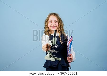 Science Research In Lab. Small Genius Girl With Microscope. Small Girl Scientist Testing. Child Stud