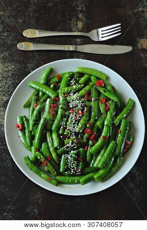 Green Peas With Chili And Sesame. Vegan Plate. Dietary Food.