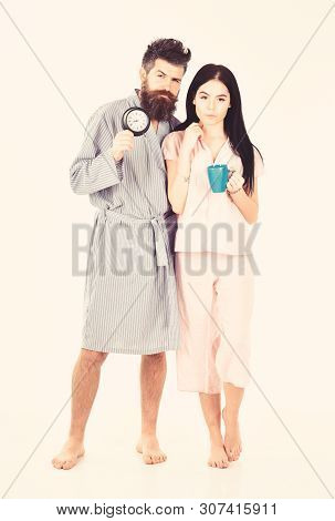 Perfect Morning Concept. Couple, Family Woke Up On Time. Couple In Love, Young Family In Pajama, Bat