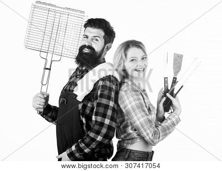 Barbecue Master. Bearded Hipster And Girl Ready For Barbecue Party. Roasting And Grilling Food. Coup