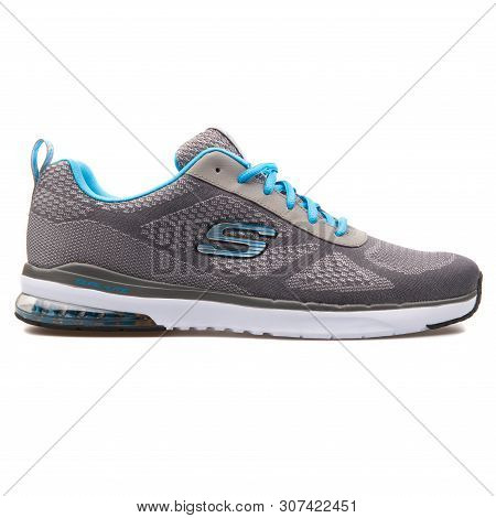 Vienna, Austria - August 25, 2017: Skechers Skech Air Infinity Grey And Blue Sneaker On White Backgr