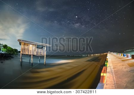 Old Wooden House, No Longer Living In The Sea, No Way Up The House Taken With The Milky Way As The B