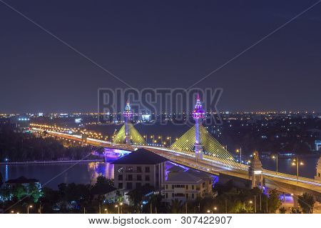 The Opening Of The Light To Decorate The Bridge Across The Chao Phraya River In Thailand, Led Lighte