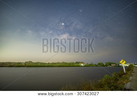 Signs, Signs, Beware Of Curves At Night, Behind The Sign, With The Milky Way..
