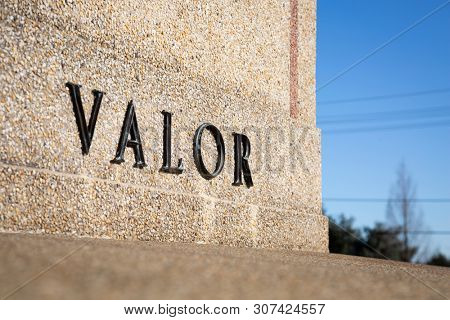 2019 BLADENSBURG MARYLAND USA FEB 25 Peace Cross: The word Valor on the Bladensburg World War I Memorial built by the American Legion for Prince Georges County soldiers who died in the Great War.