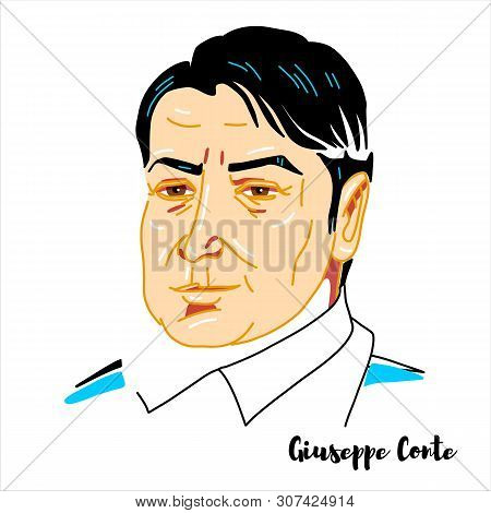 Giuseppe Conte Engraved Vector Portrait With Ink Contours. Italian Jurist And Politician Serving As 