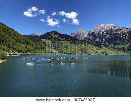 Boats On Alpine Lake Wagitalersee Or Waegitalersee, Innerthal - Canton Of Schwyz, Switzerland