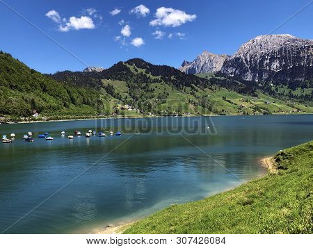 Boats On Alpine Lake Wagitalersee Or Waegitalersee, Innerthal - Canton Of Schwyz, Switzerland