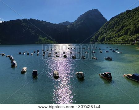 Boats On Alpine Lake Wagitalersee Or Waegitalersee, Innerthal - Canton Of Schwyz, Switzerland