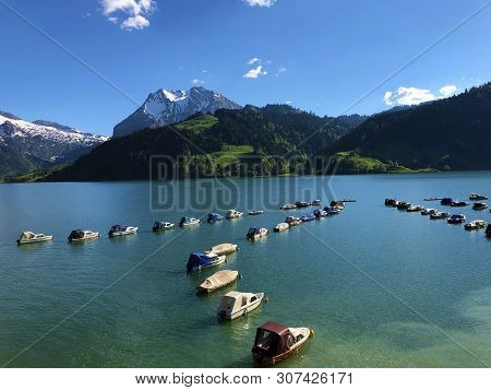 Boats On Alpine Lake Wagitalersee Or Waegitalersee, Innerthal - Canton Of Schwyz, Switzerland