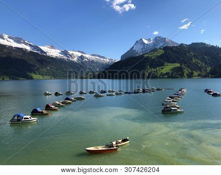 Boats On Alpine Lake Wagitalersee Or Waegitalersee, Innerthal - Canton Of Schwyz, Switzerland