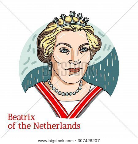 Beatrix Of The Netherlands Colored Vector Portrait With Black Contours. Queen Of The Netherlands Fro