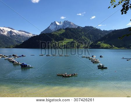 Boats On Alpine Lake Wagitalersee Or Waegitalersee, Innerthal - Canton Of Schwyz, Switzerland