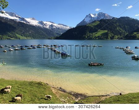 Boats On Alpine Lake Wagitalersee Or Waegitalersee, Innerthal - Canton Of Schwyz, Switzerland
