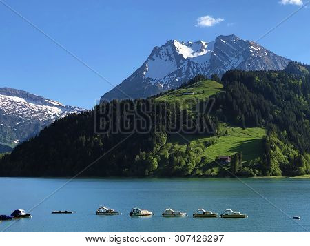 Boats On Alpine Lake Wagitalersee Or Waegitalersee, Innerthal - Canton Of Schwyz, Switzerland