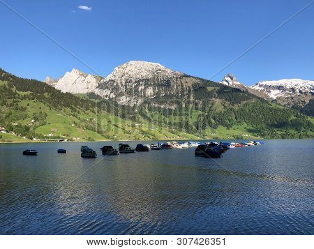 Boats On Alpine Lake Wagitalersee Or Waegitalersee, Innerthal - Canton Of Schwyz, Switzerland