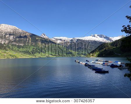 Boats On Alpine Lake Wagitalersee Or Waegitalersee, Innerthal - Canton Of Schwyz, Switzerland