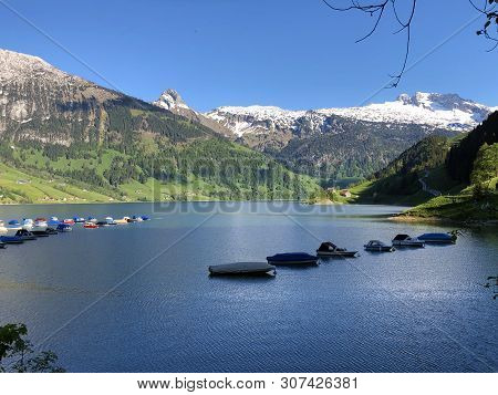 Boats On Alpine Lake Wagitalersee Or Waegitalersee, Innerthal - Canton Of Schwyz, Switzerland