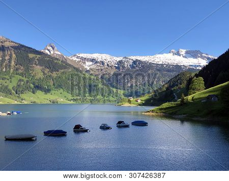 Boats On Alpine Lake Wagitalersee Or Waegitalersee, Innerthal - Canton Of Schwyz, Switzerland