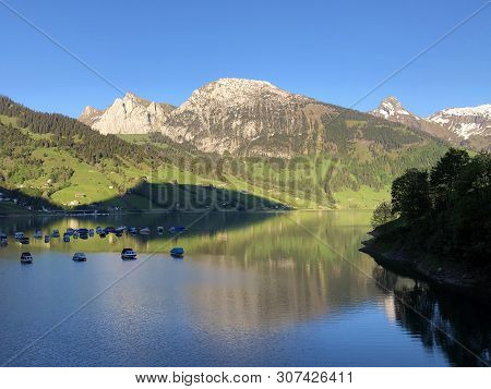 Boats On Alpine Lake Wagitalersee Or Waegitalersee, Innerthal - Canton Of Schwyz, Switzerland