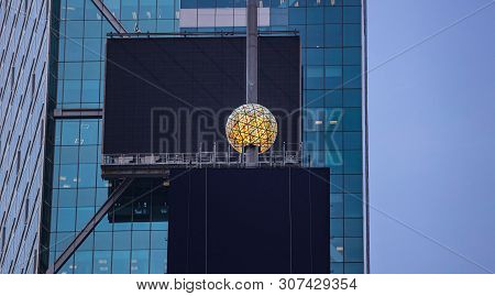 New York, Times Square.  Crystal Ball And Black Blank Billboards